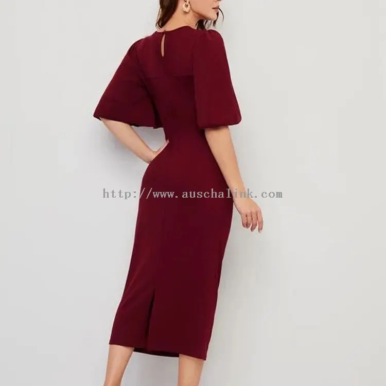 Gaun Midi Ketat Ketat Burgundy Lengan Kupu-kupu (1)