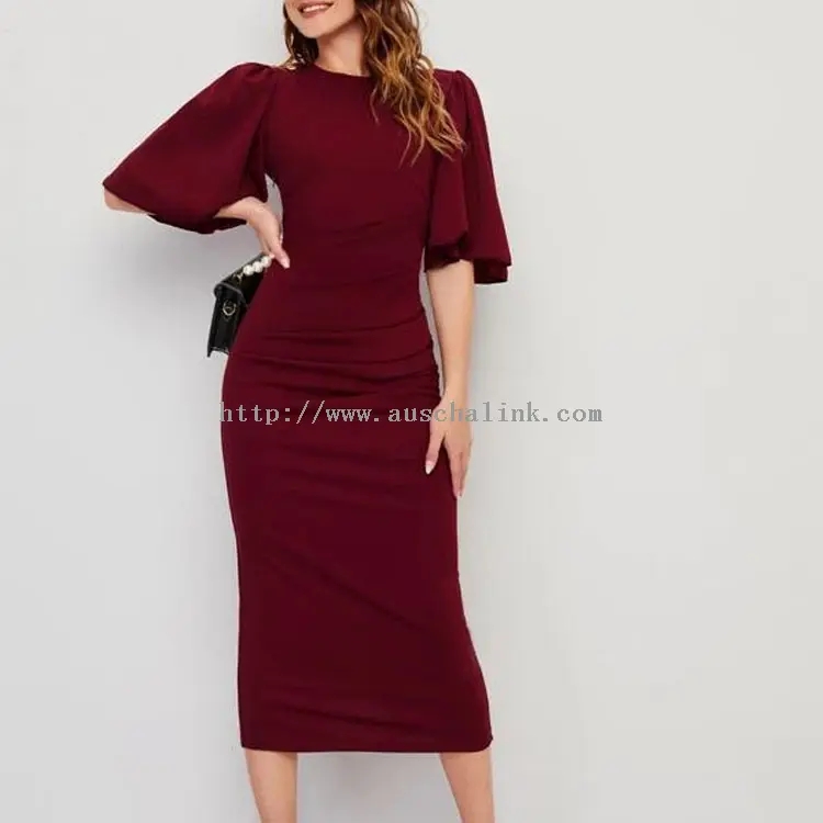 Gaun Midi Ketat Ketat Burgundy Lengan Kupu-kupu (2)