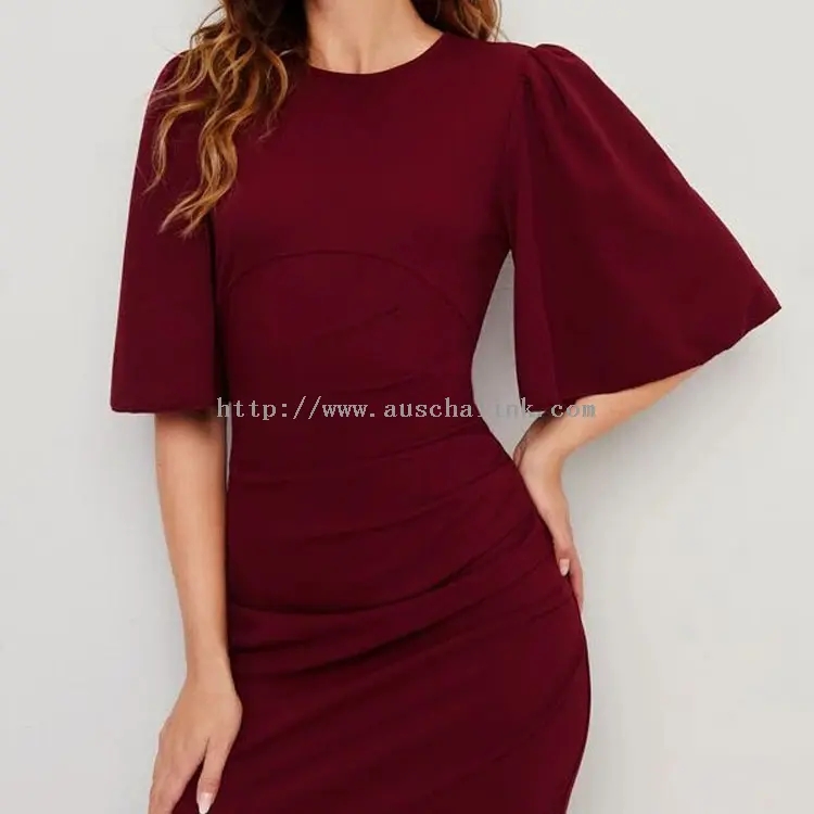 Mëngë flutura Burgundy Fustan elegant dhe i ngushtë midi (3)