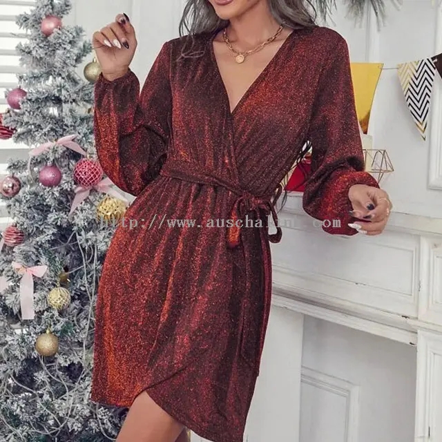 Burgunderrotes Pailletten-Langarm-Sexy-Weihnachtskleid (2)