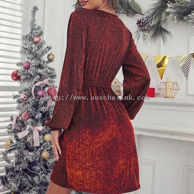 Burgundy Sequin Sleeve Gigun Aṣọ Keresimesi ti o ni gbese (3)