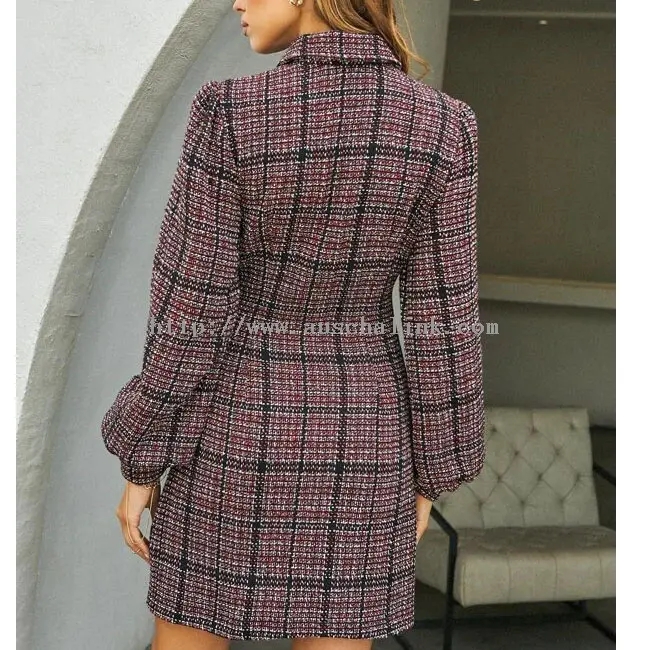 Burgundy Tweed With Checkered Buttons Elegant Dress (1)