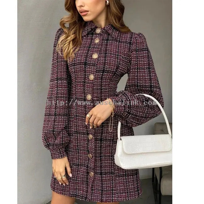 Burgundy Tweed na May Checkered Buttons Elegant Dress (2)