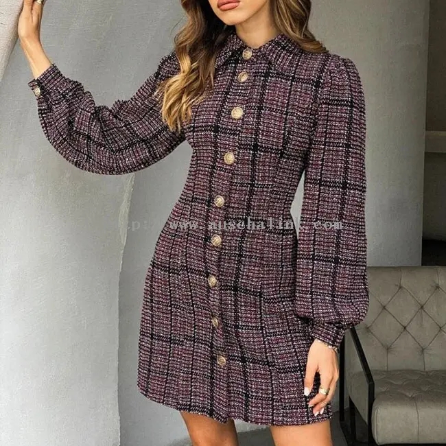 Burgundy Tweed With Checkered Buttons Elegant Dress (3)