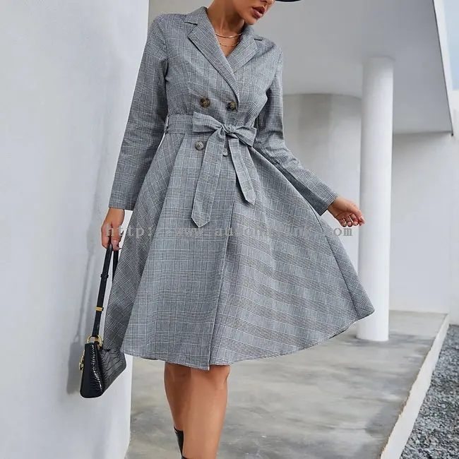 Casual Grey Check Windbreaker Coat Dress (3)
