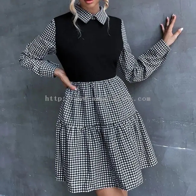 Casual Lapel Dress With Black Check Patchwork (1)