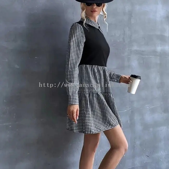 Casual Lapel Dress With Black Check Patchwork (2)