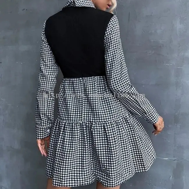 Casual Lapel Dress With Black Check Patchwork (3)