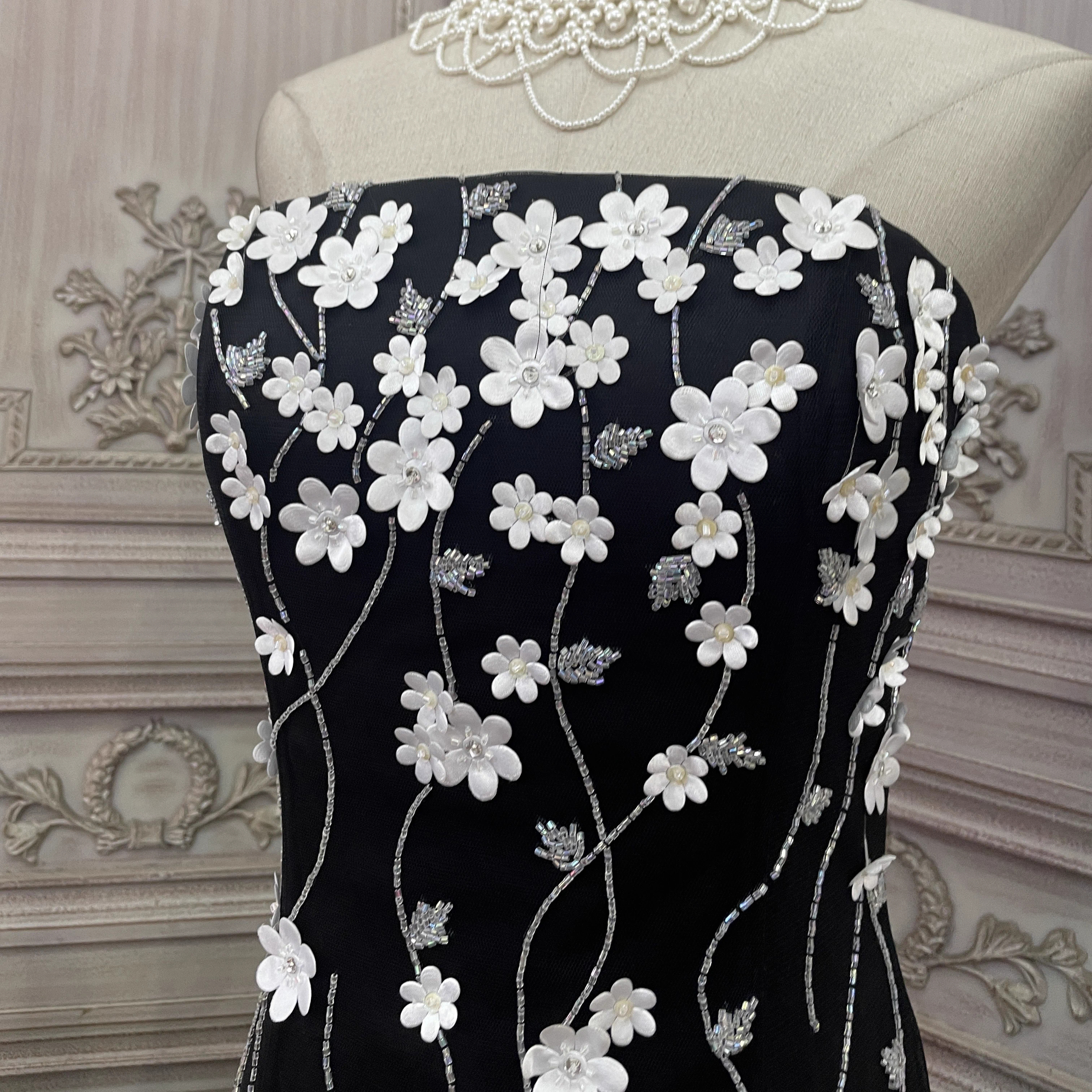 Custom Black Mesh Cubic Flower Long Dress Factory (3)