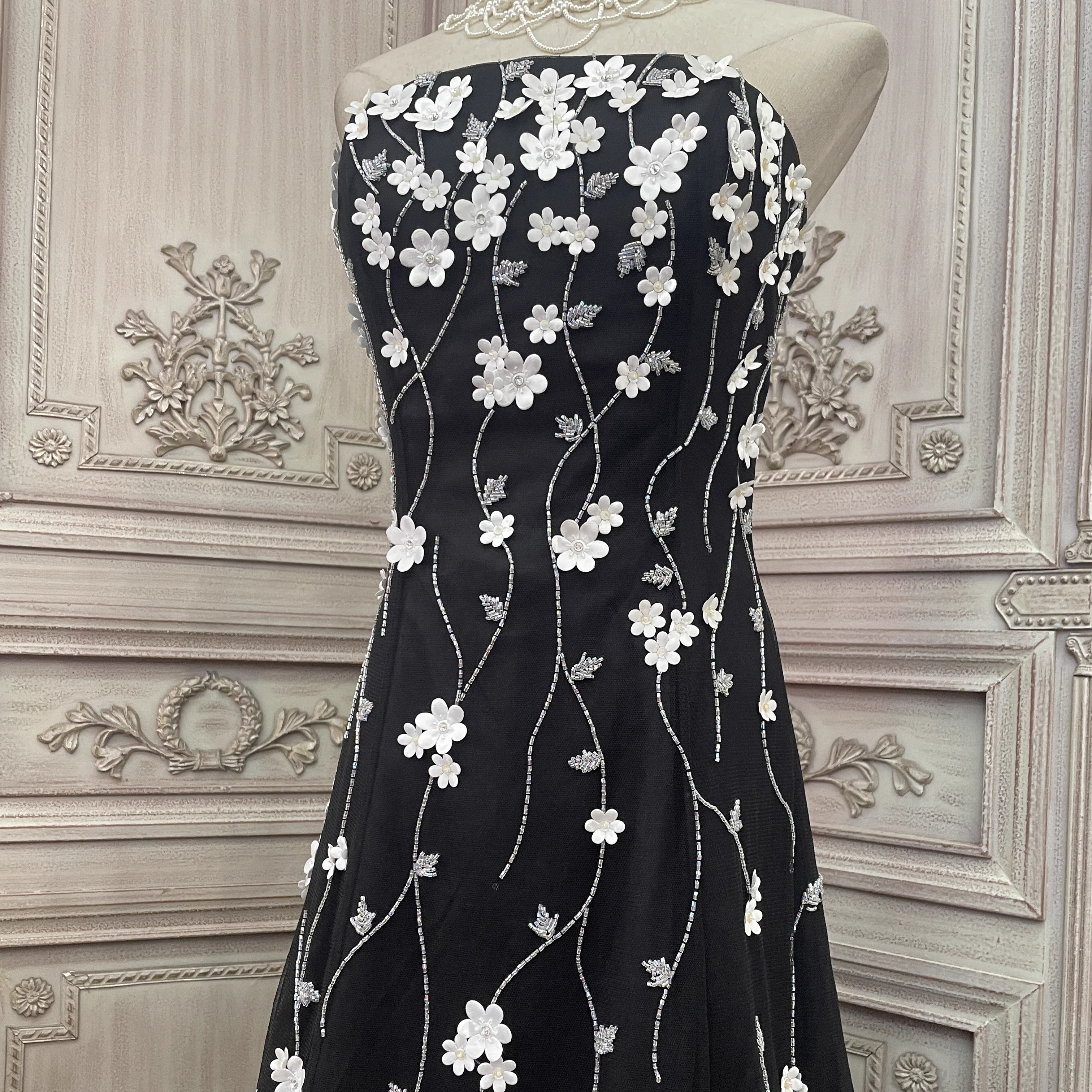 Custom Black Mesh Cubic Flower Long Dress Factory (4)