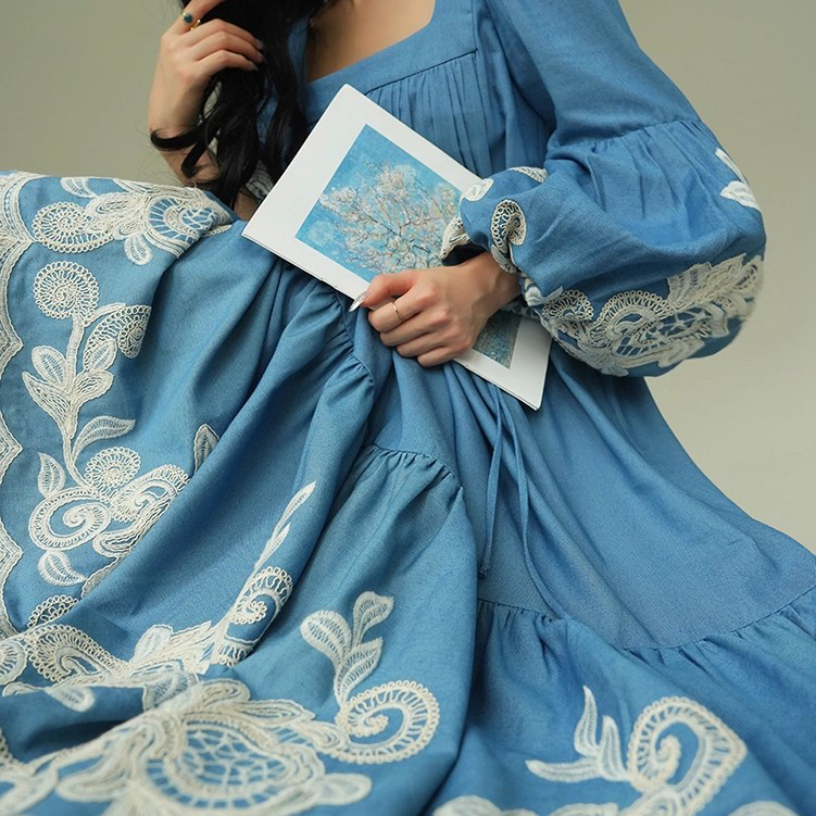 Custom Blue Embroidered Beach Resort Dress (3)