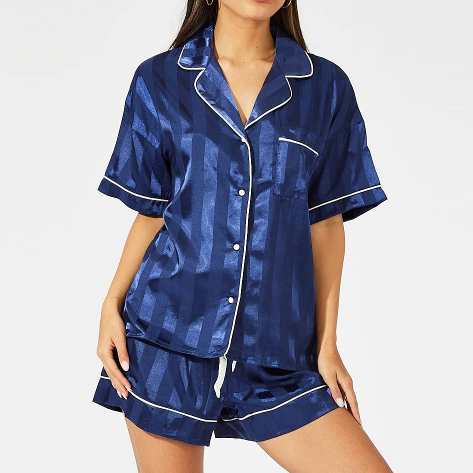 Custom Blue Stripe Satin Stripe Pyjama Set Factory (4)