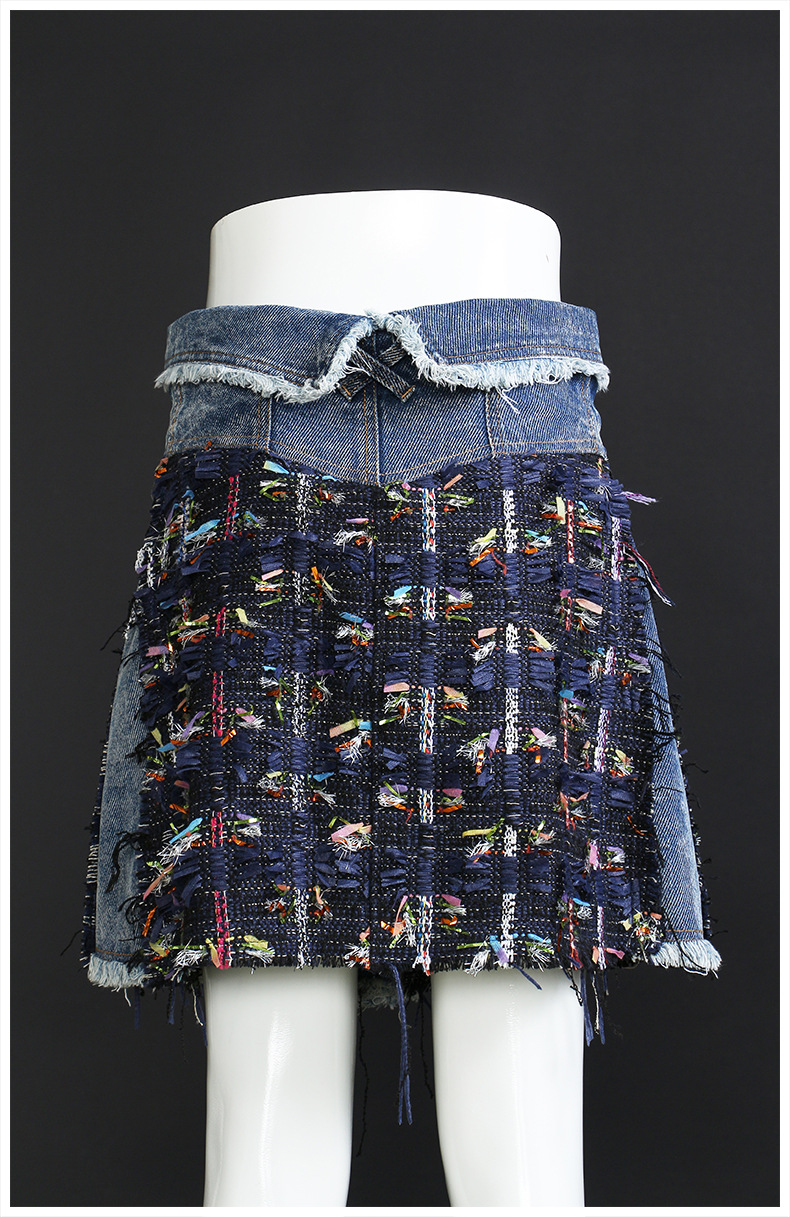Custom Denim Patchwork 3D Woven Ribbon Pocket Skirt (5)
