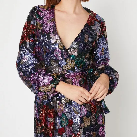 Custom Floral Sequin Wrap Midi Dress Factory (2)