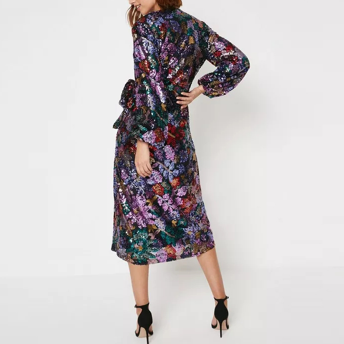 Custom Floral Sequin Wrap Midi Dress Factory (3)