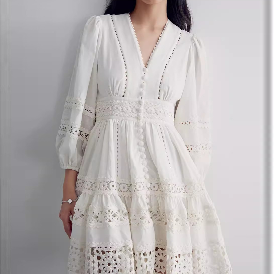 Custom Linen Lace Patchwork Cutout Dress Factory (2)