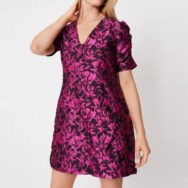 Custom Pink Floral Jacquard Mini Dress factory (2)