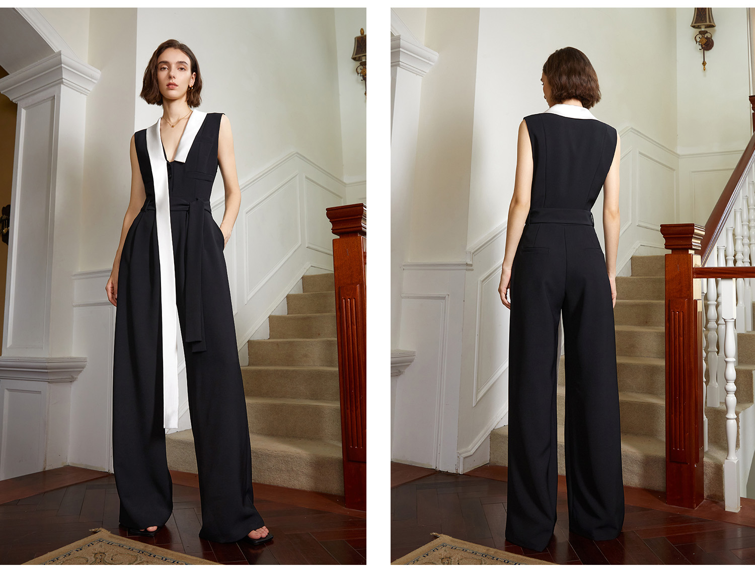 Maßgeschneiderter Jumpsuit mit hohem Bund zum Binden Schwarz (2)