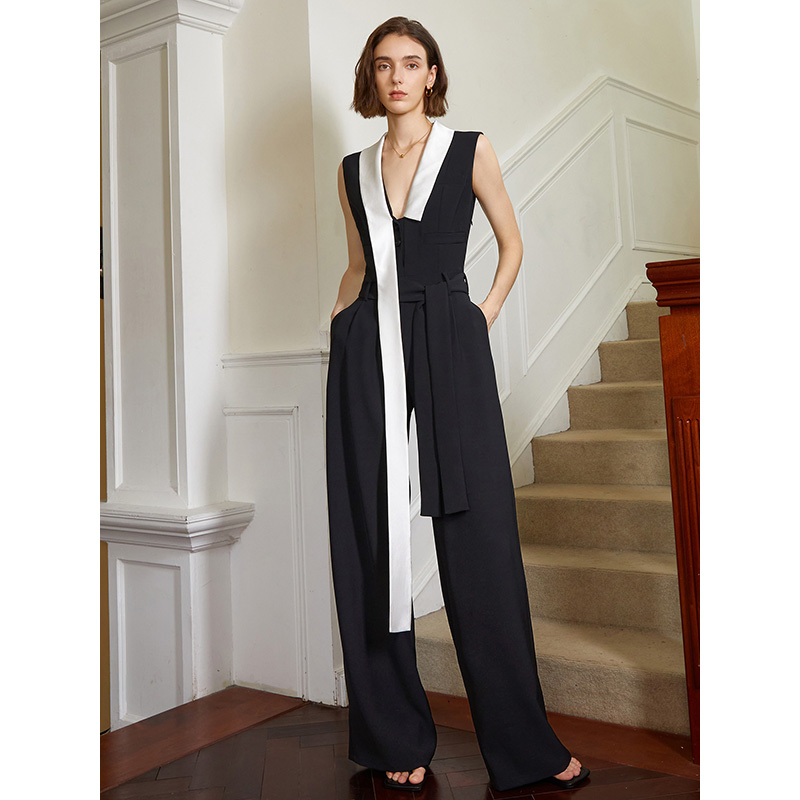 Benotzerdefinéiert Design Krawatt Héich Taille Jumpsuit Schwaarz (3)