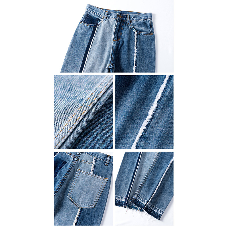 Aangepaste splicing gewassen jeans dames losse hoge taille (1)