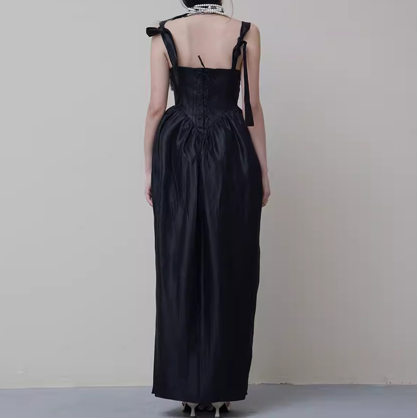 Customized Black Sling Bow Pod Dress Long Manufacture (1)