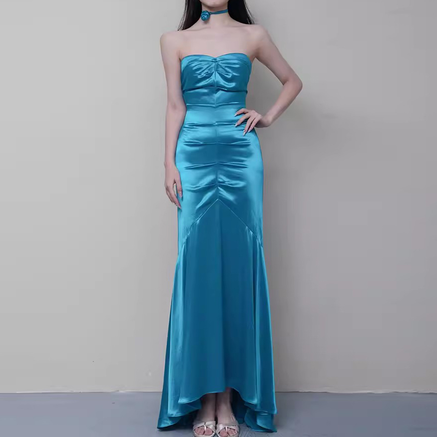 Customized Blue Red Satin Silk Fishtail Evening Gown (2)