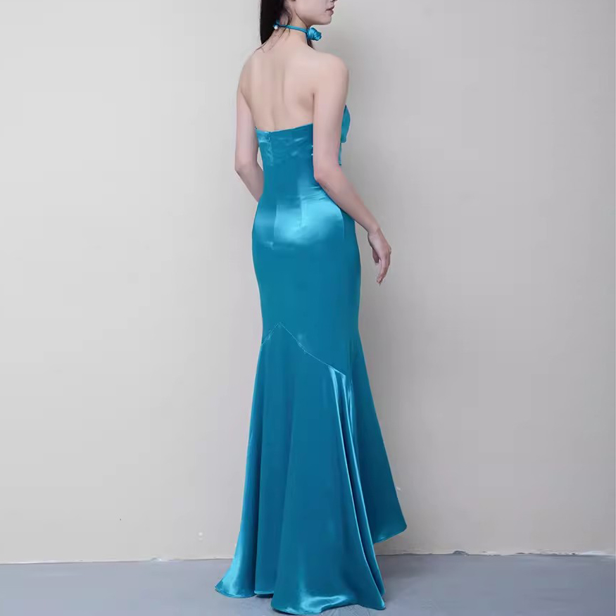Customized Blue Red Satin Silk Fishtail Evening Gown (4)