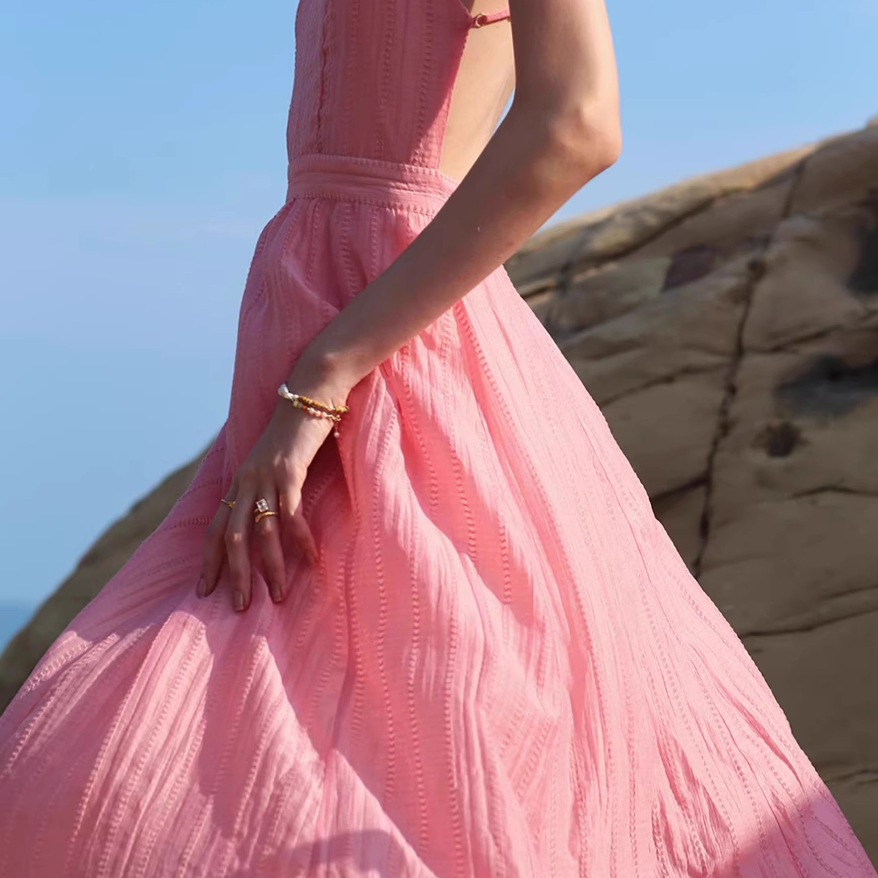 Customized Fabric Pink Chiffon Halter Long Dresses for Women (7)
