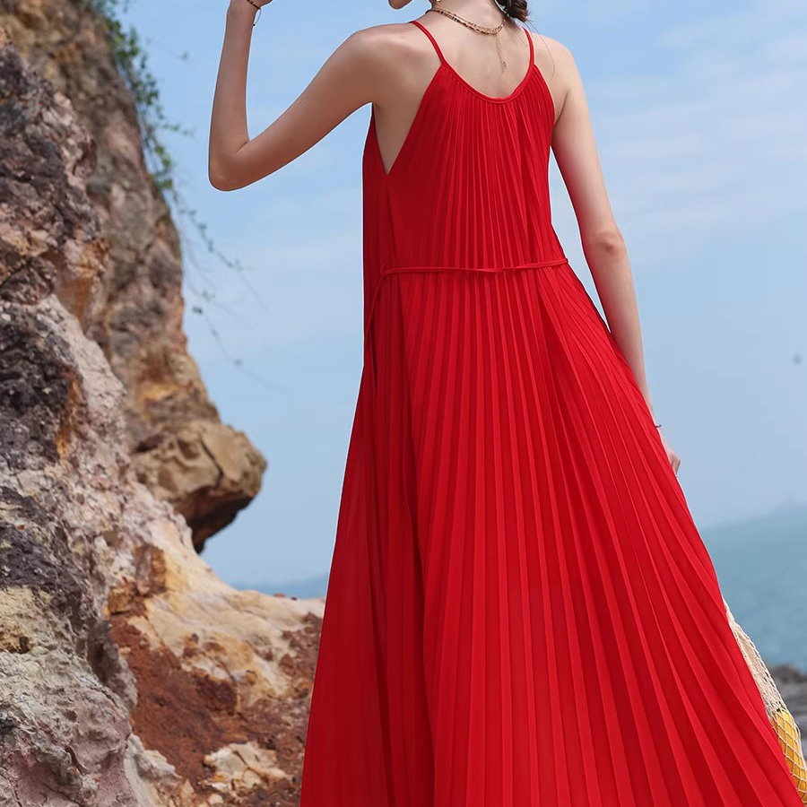 Customized Red Pleated Cami Beach Dress Lon (2)