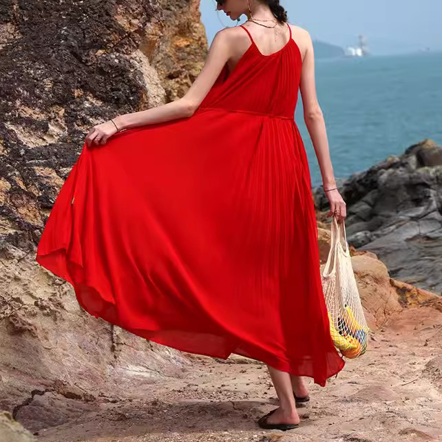 Customized Red Pleated Cami Beach Dress Lon (4)