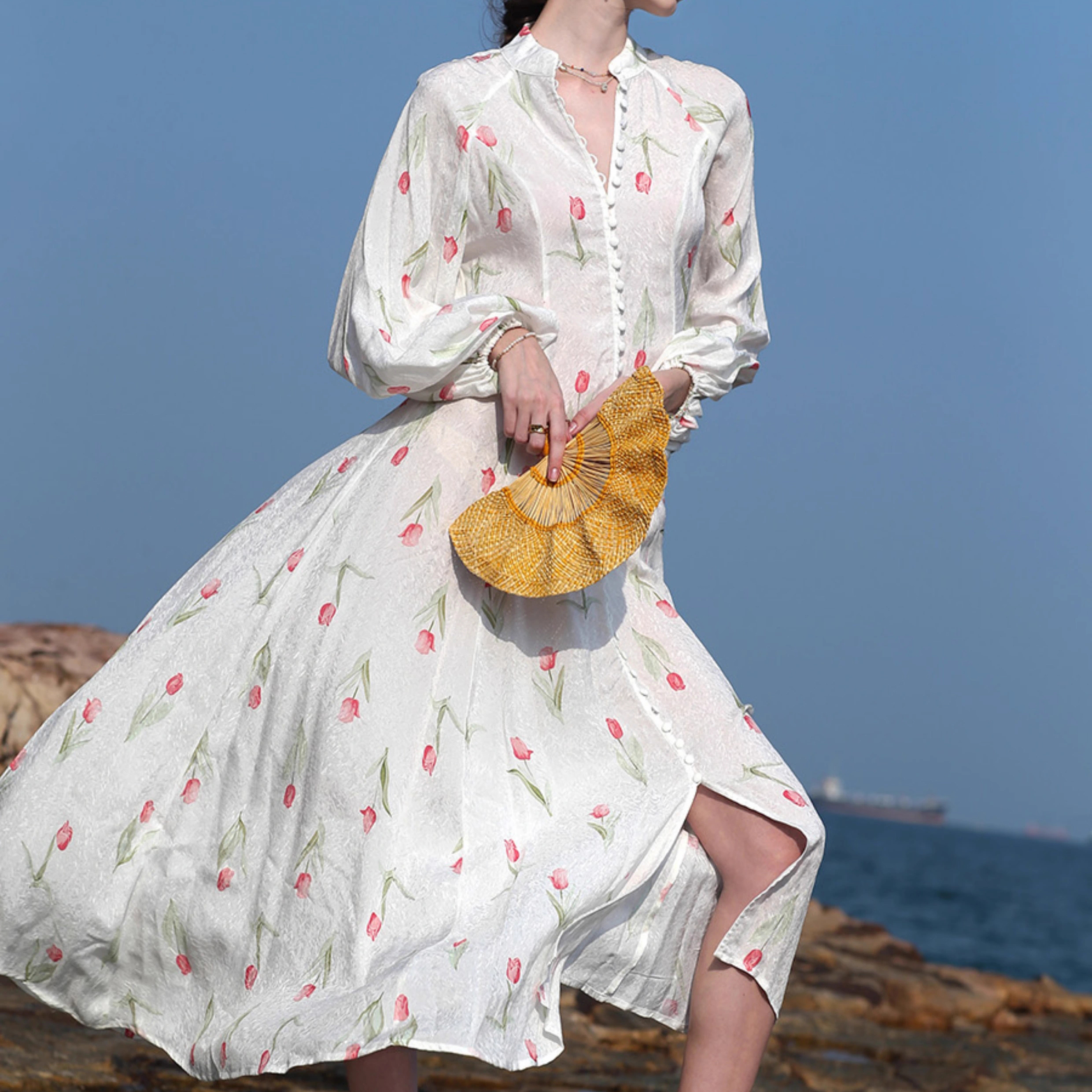 Customized Silk Printed Long Seaside Casual Boho Dresses (7)