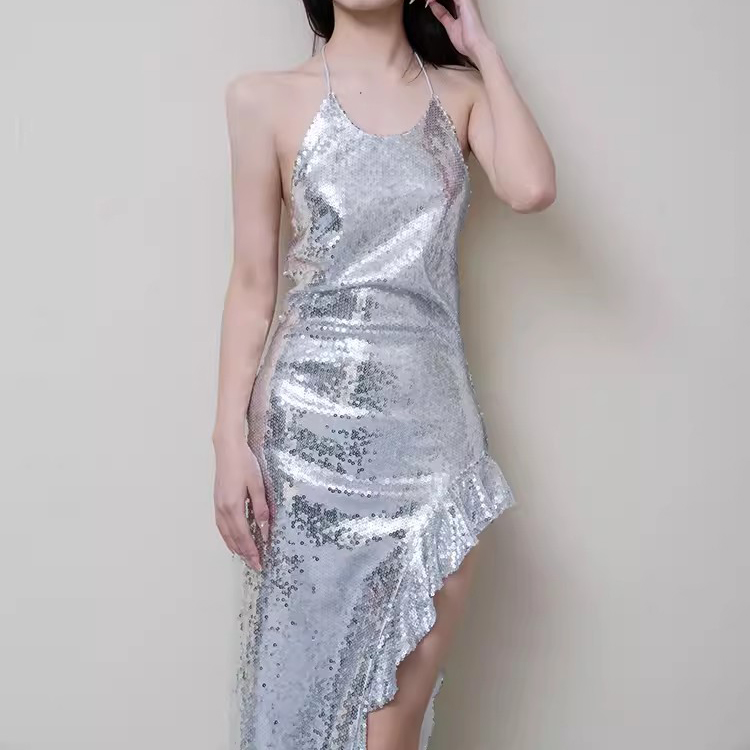 Customized Silver Sequin Backless Slit Dress Manufacture (4)
