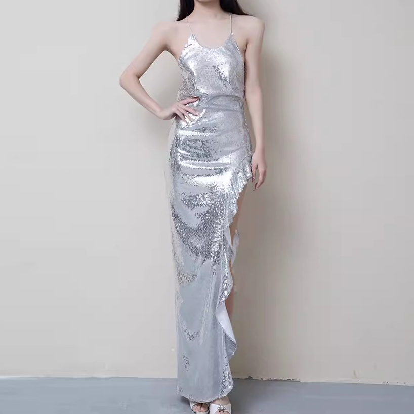 Customized Silver Sequin Backless Slit Dress Manufacture (5)