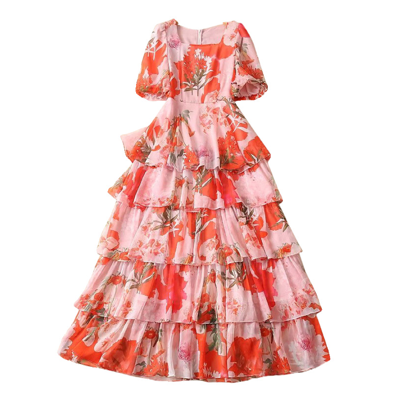 Customized Vintage Cake Print Dress Summer Factory (1)