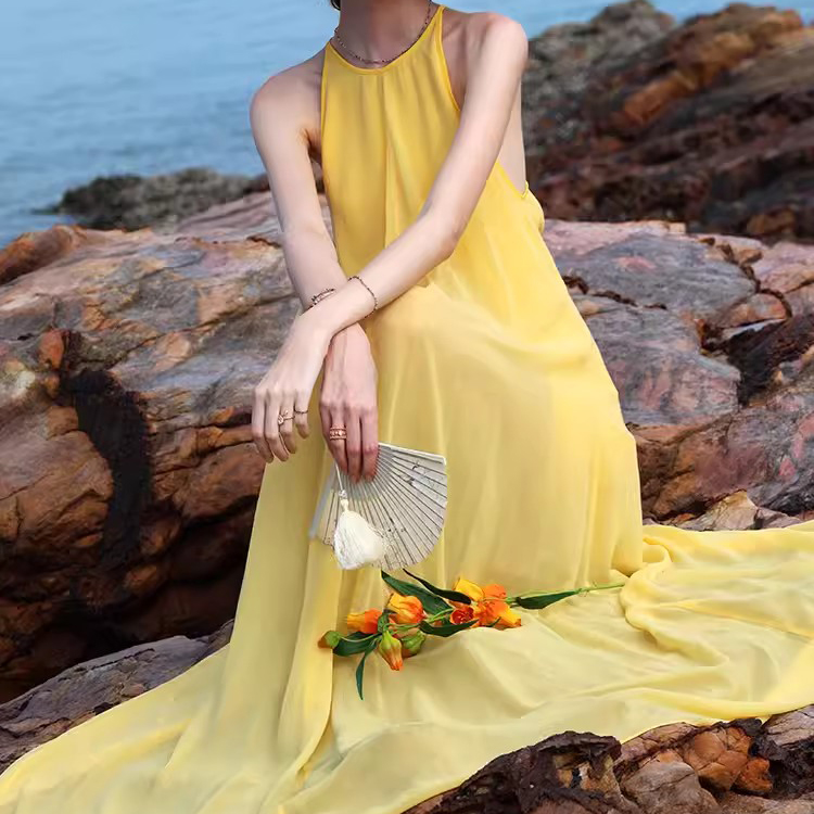 Customized Yellow Backless Long Chiffon Vacation Dresses (1)