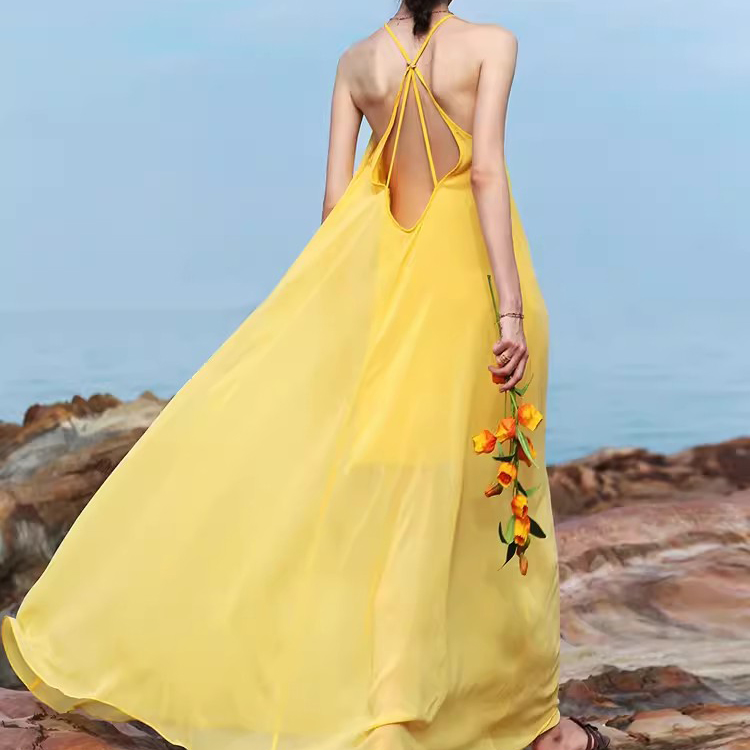 Customized Yellow Backless Long Chiffon Vacation Dresses (2)