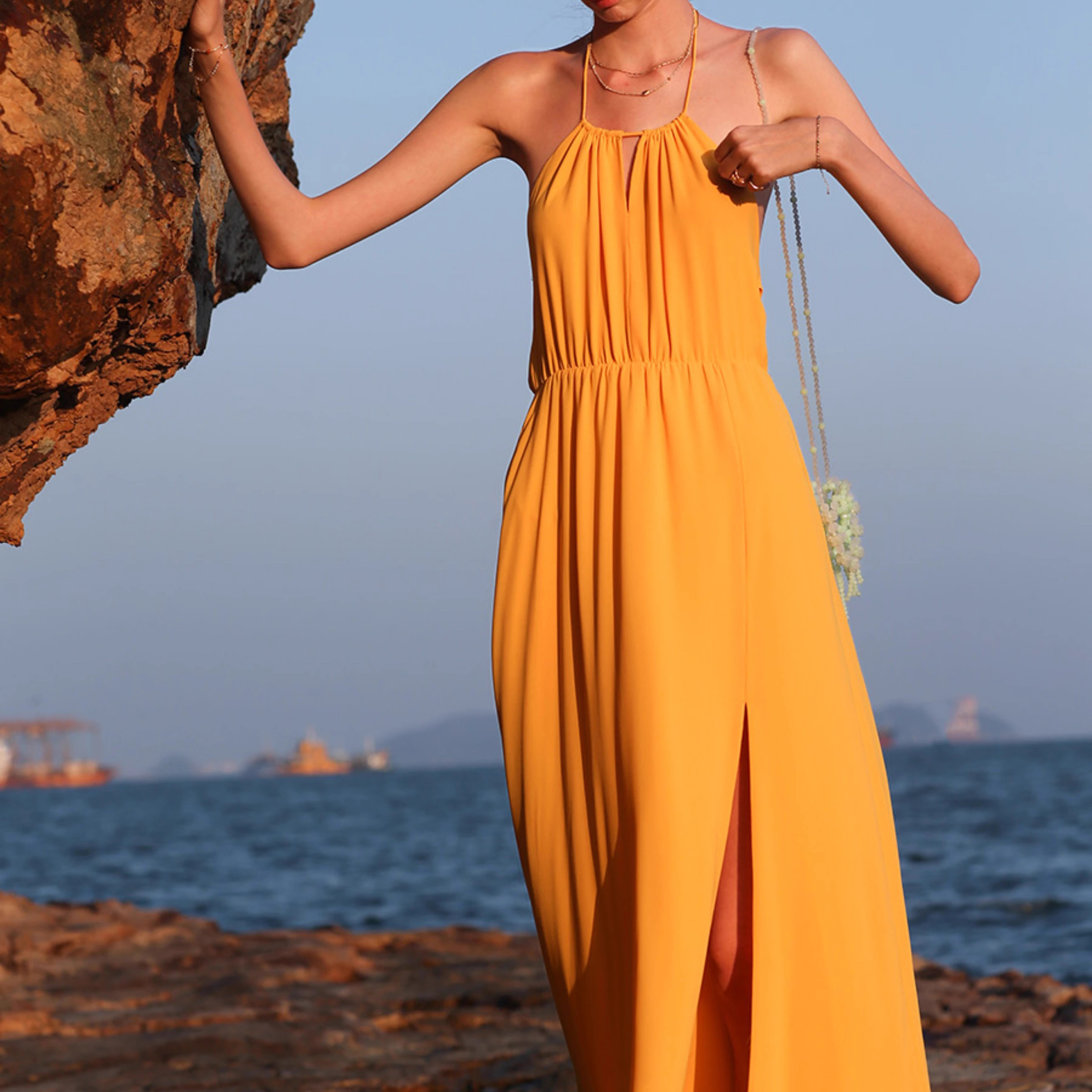 Customized Yellow Beach Camisole Backless Slit Long Dress (3)