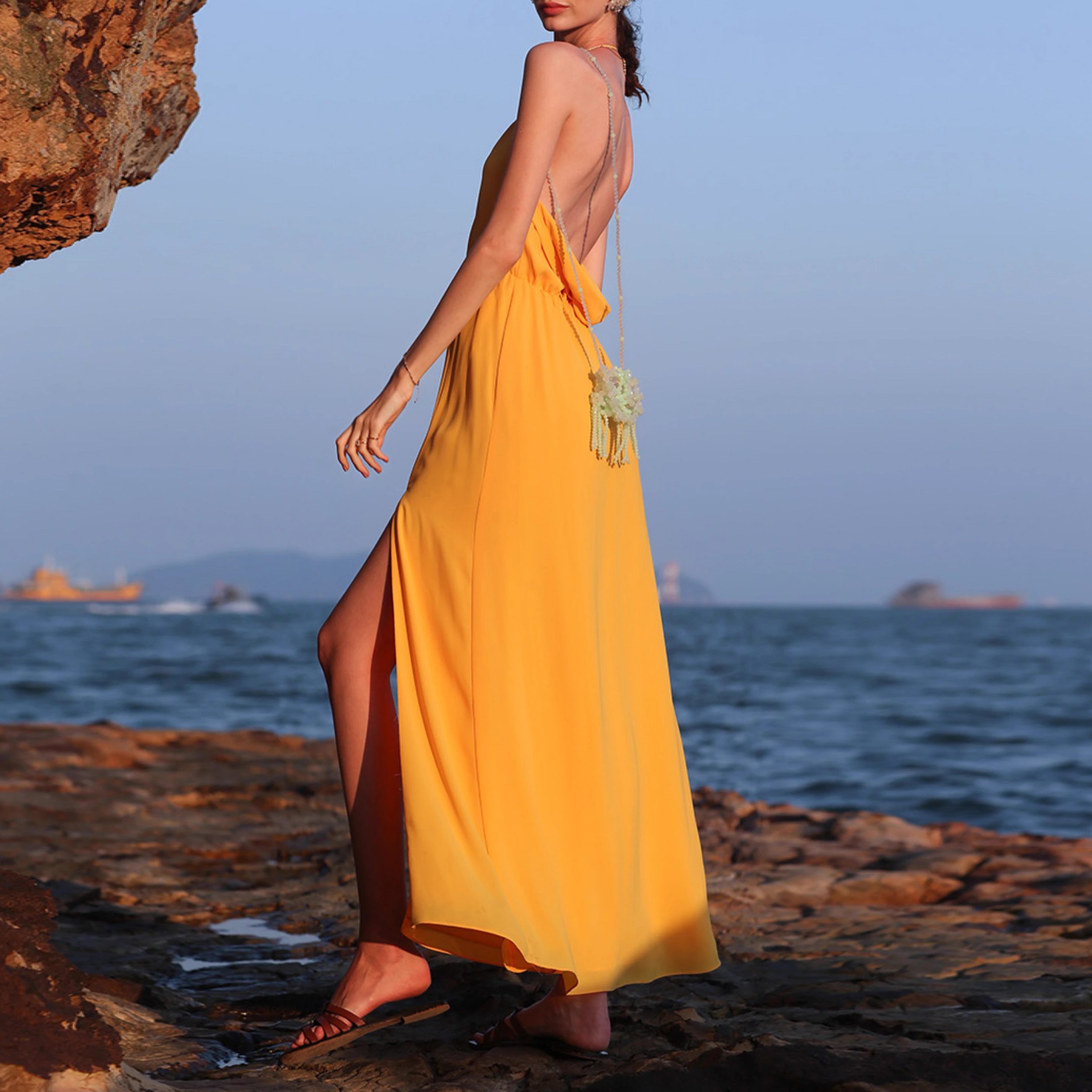Customized Yellow Beach Camisole Backless Slit Long Dress (4)