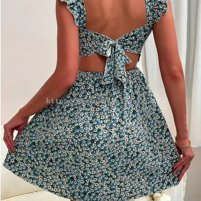 Dark Green Floral Print Halter Mini Sexy Dress (3)