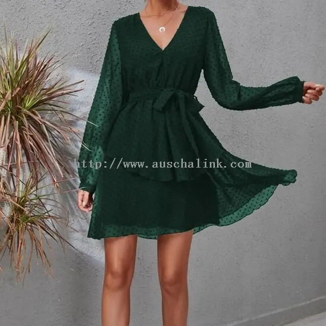 Dark Green Polka Dot Chiffon Plus Size Loose Dress (1)
