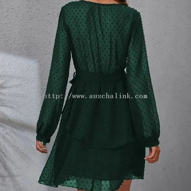 Dark Green Polka Dot Chiffon Plus Size Loose Dress (2)