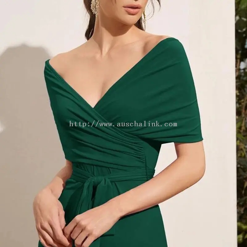 Dark Green Strapless Slit Elegant Midi Dress (3)