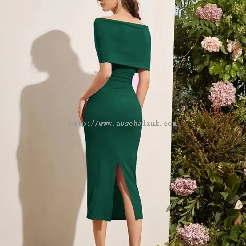 Dark Green Strapless Slit Elegant Midi Dress (4)