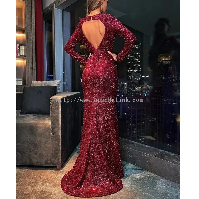 Deep Red Sequin Backless Sexy Slit Maxi Dress (3)