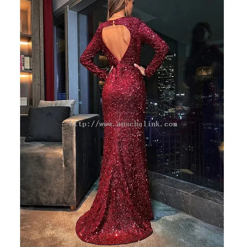 Chovala Chakuya Chofiyira Chopanda Backless Sexy Slit Maxi Dress (3)