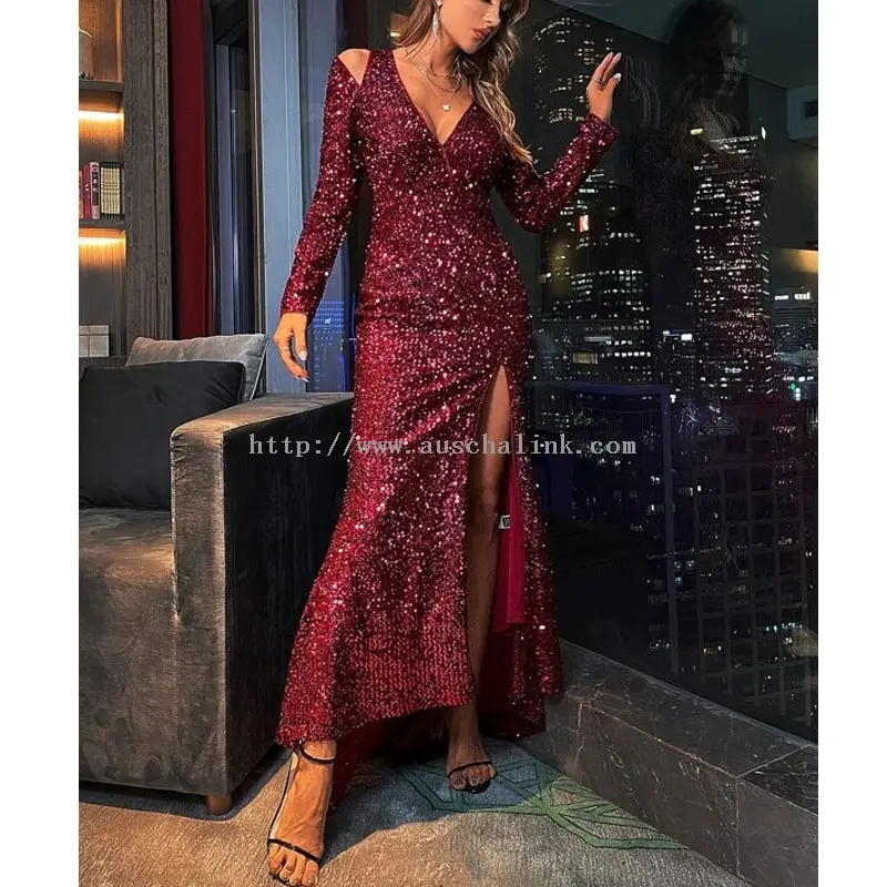 Deep Red Sequin Backless Sexy Slit Maxi Dress (4)