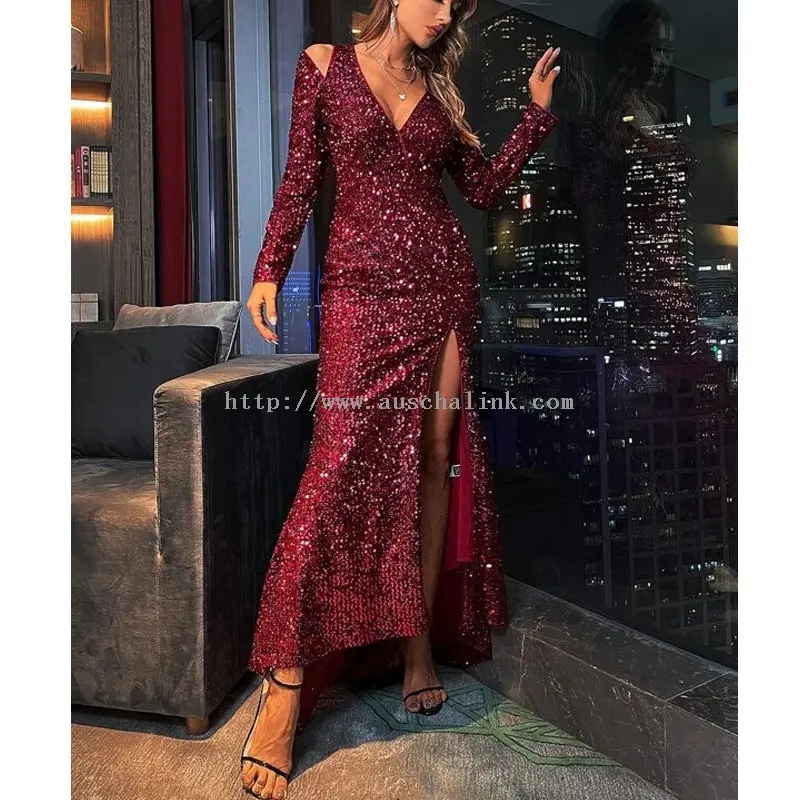 Gúna Maxi Slit Sexy Sexy Deep Red Sequin (4)