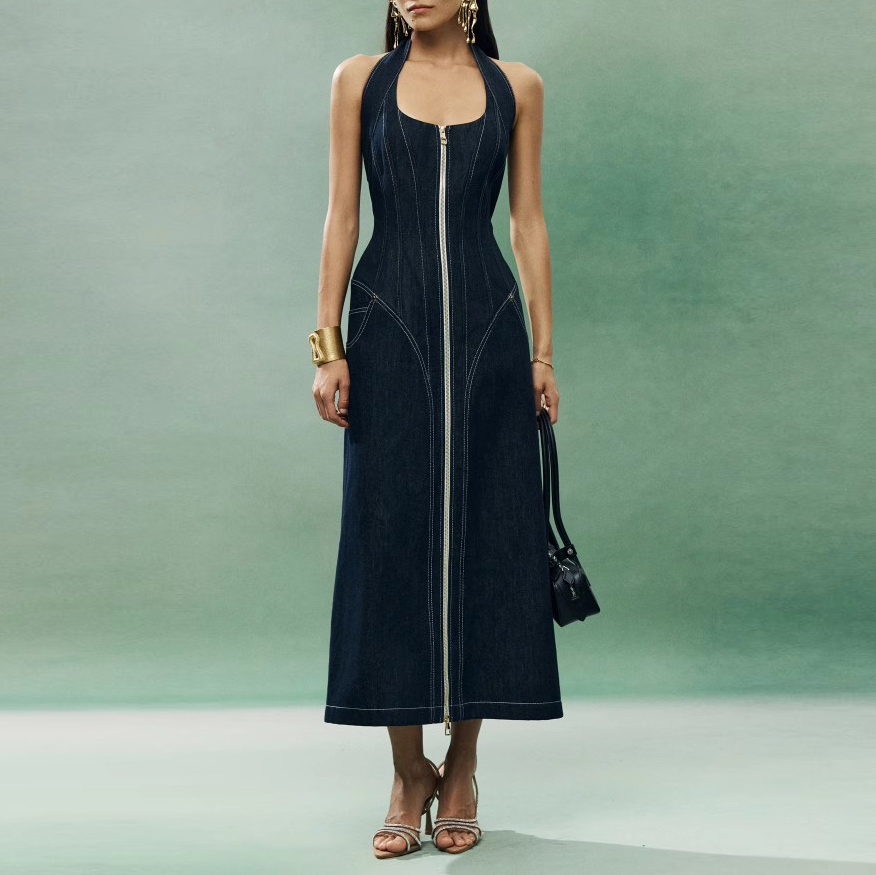 Denim Patchwork Hanging Neck Long Dress Manufacturer (4)
