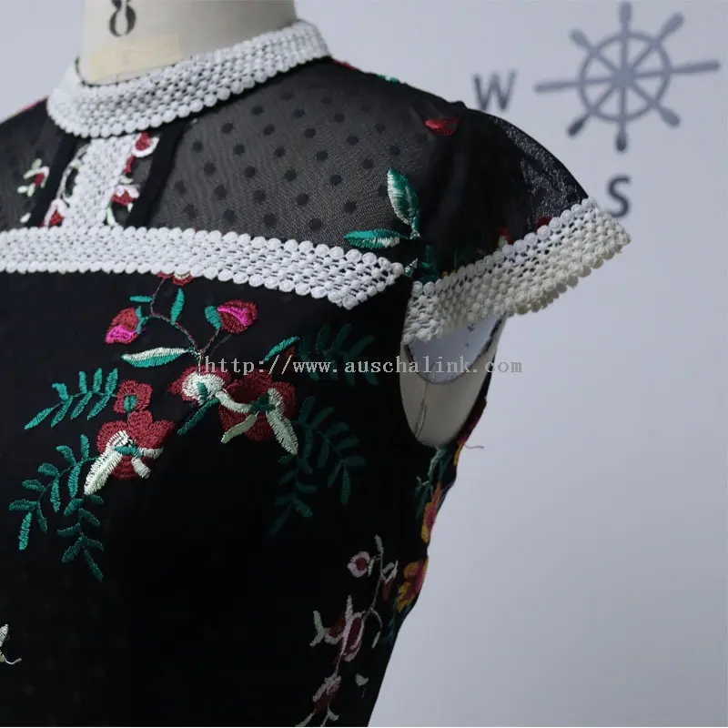 Elegant Black High Neck Floral Embroidered Dress (1)
