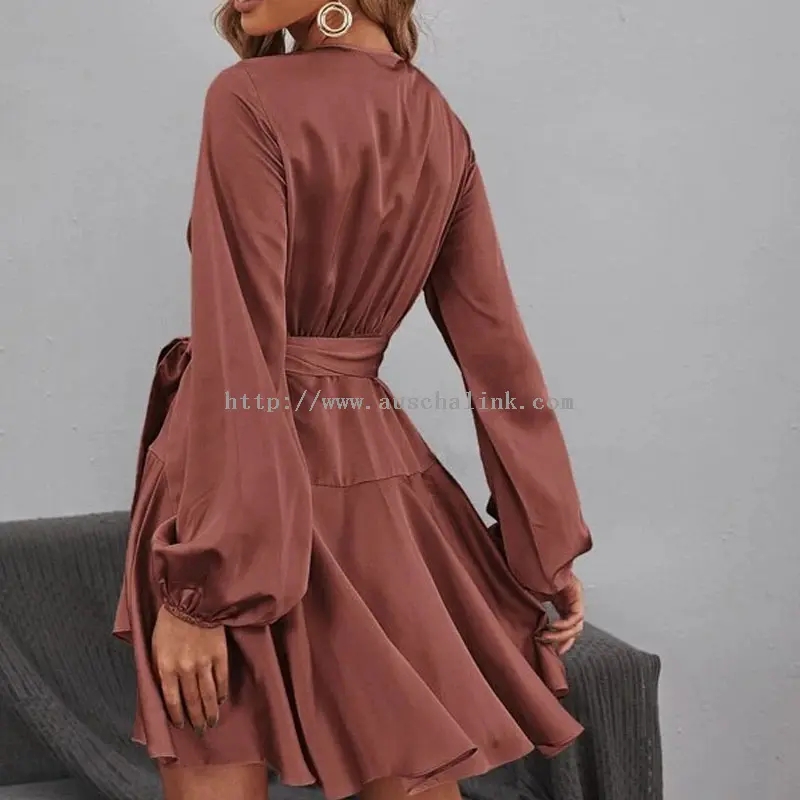 Elegant Brown Satin Ruffle Waistband Dress (1)